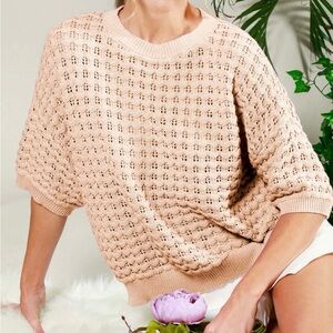 Vine & Love Knit Short Sleeve Sweater Lightweight Tan Beachy Boho Womens Large